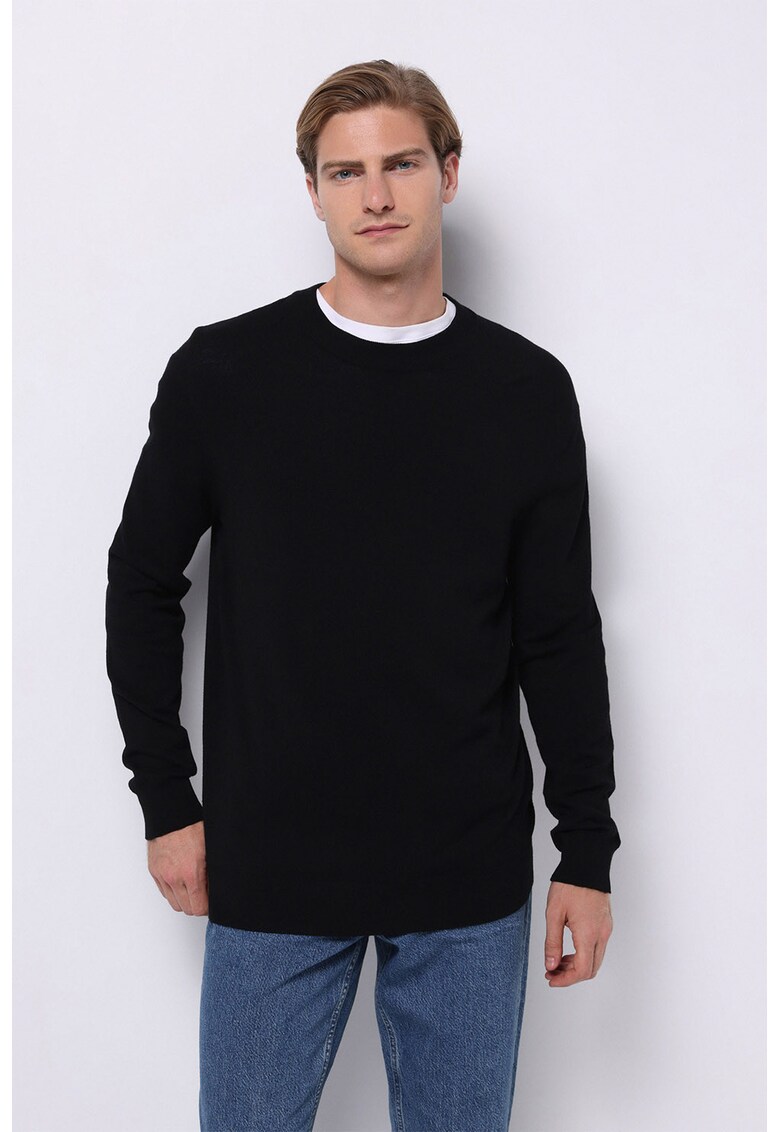Pulover cu decolteu la baza gatului si model uni - Alb fildes/Negru/Gri antracit