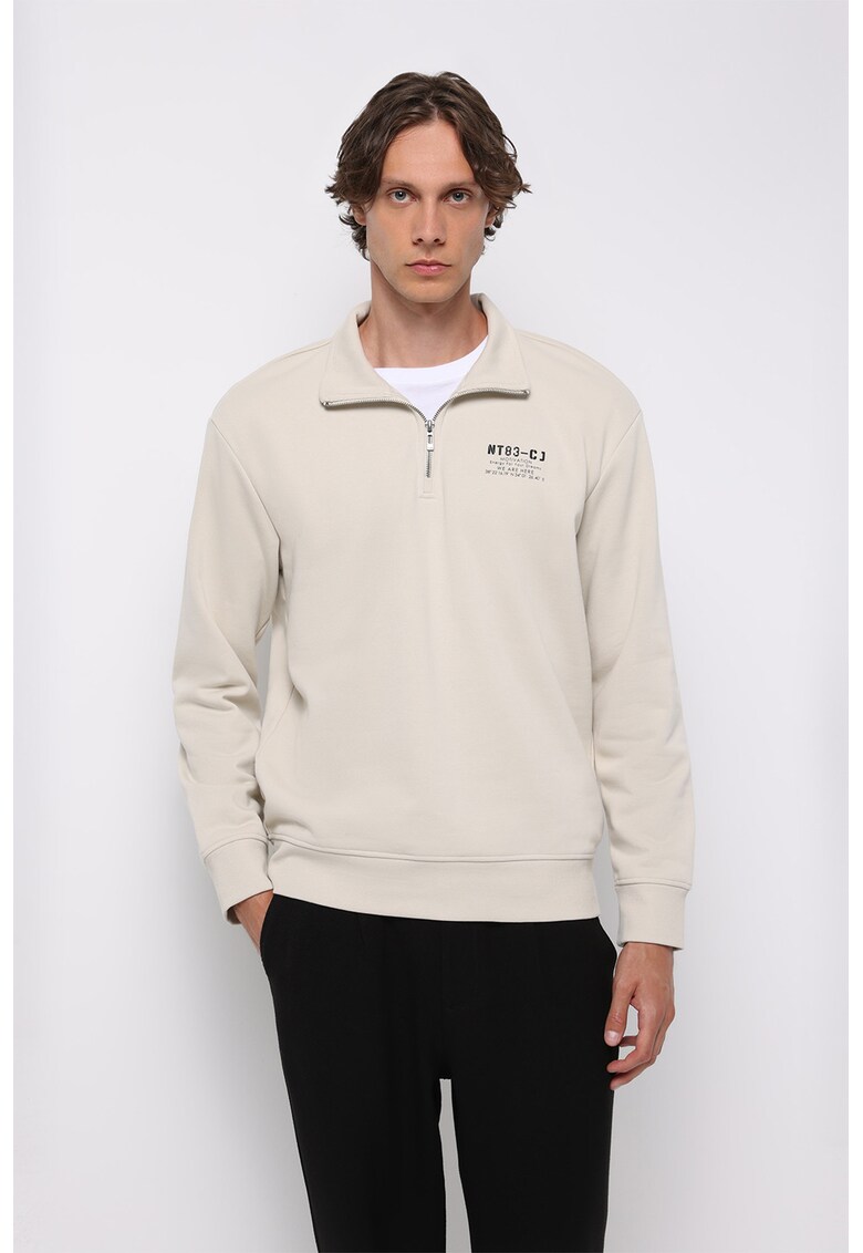 Bluza de trening din amestec de bumbac cu fenta cu fermoar - Bej deschis
