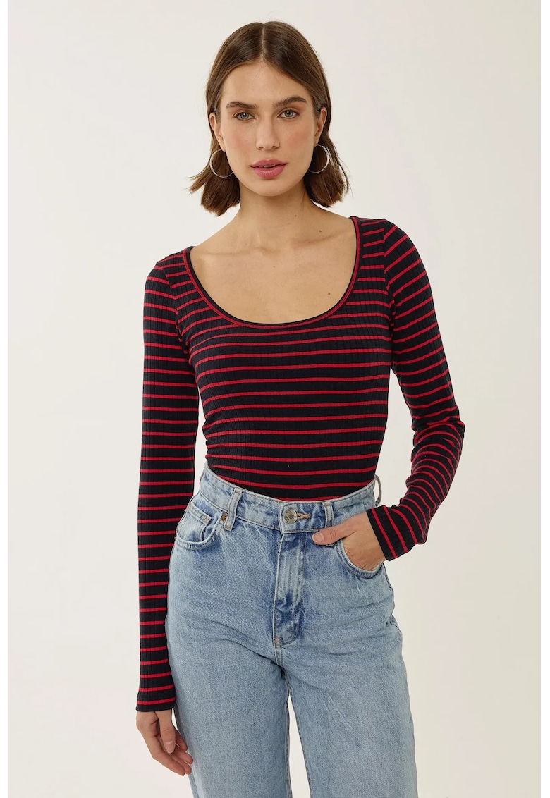 Bluza dama - cu guler polo - dungi - rosu burgund - jerseu -