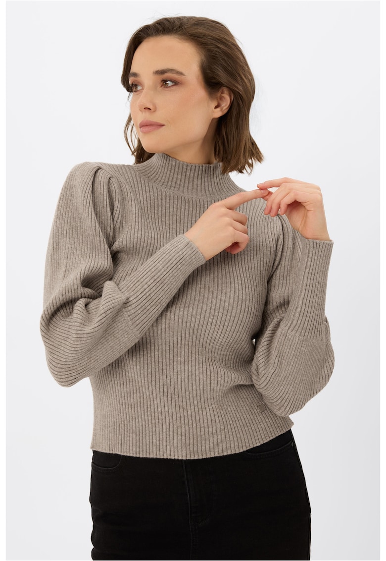 Pulover dama cu guler inalt - maneci volane - S-Moka - bej