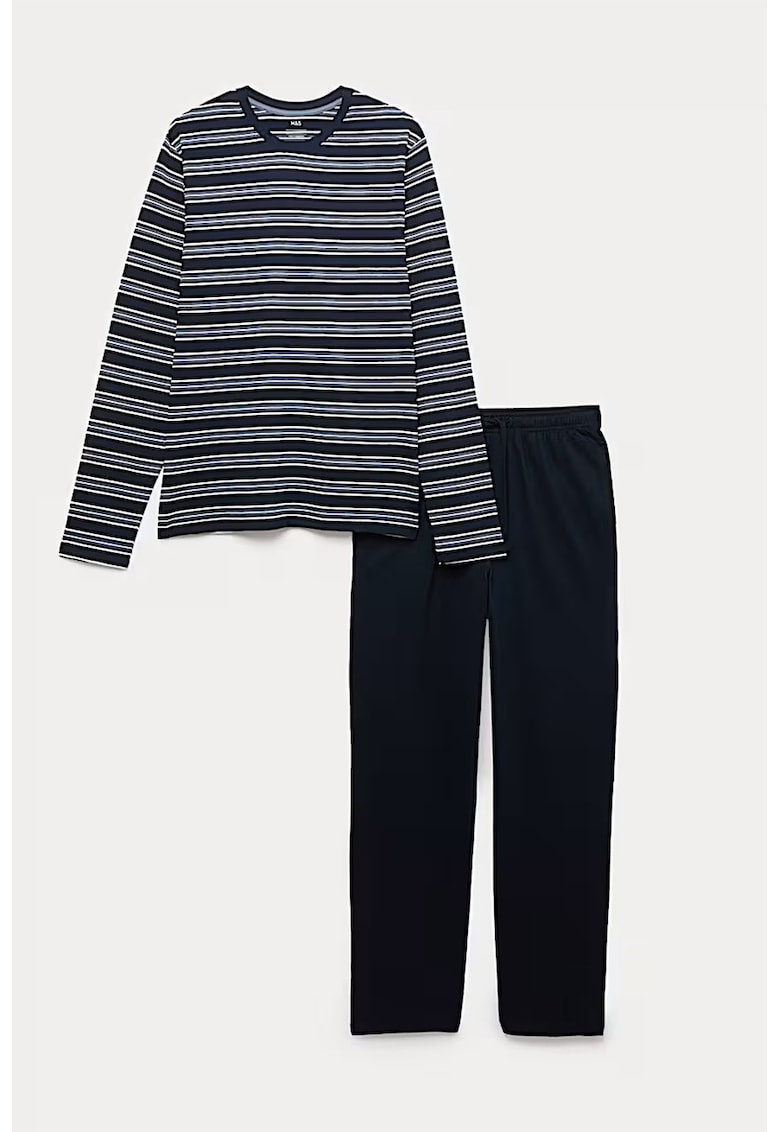 Marks Spencer Pijama cu dungi si decolteu la baza gatului - Alb/Bleumarin