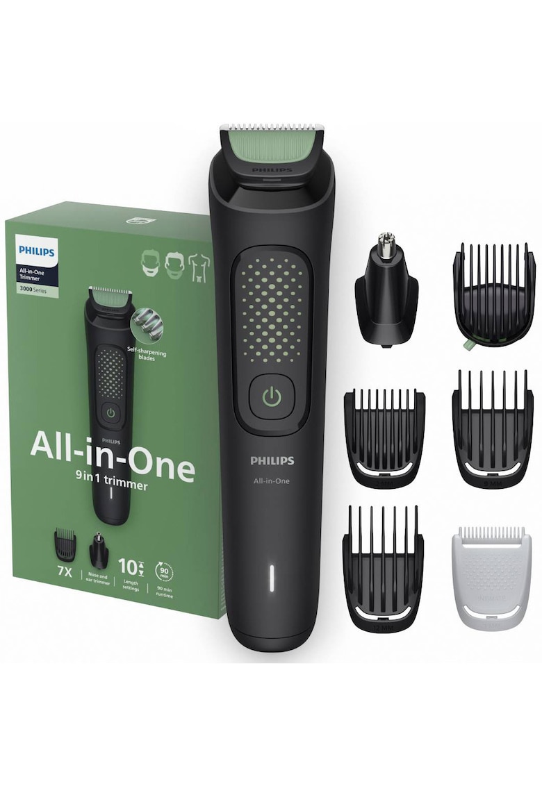 Aparat de tuns barba & parul de pe cap si corp 9in1 All-in-One MG3945/15 - autonomie 90 min - 11 setari de lungime: 0 -5-16 mm - trimmer atasabil pentru nas si urechi - piepteni pt fata - cap - corp -lame cu autoascutire - nu necesita lubrifiere -husa