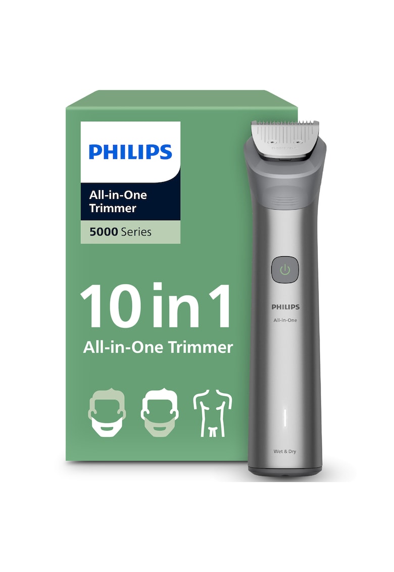 Aparat de tuns barba si parul 10 in 1 Multigroom All in One MG5920/15 - tehnologie BeardSense - lame din otel cu auto-ascutire - 11 setari de lungime - rezistent la apa - husa - Negru / Argintiu - MG5921/15