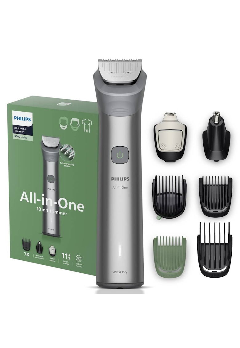 Aparat de tuns barba & parul de pe cap si corp 10in1 All-in-One MG5921/15 - autonomie 120 min - 11 setari de lungime: 0 -5-16 mm - 2 capate trimmer specializate (detalii - nas) - piepteni pt fata - cap - corp - 100% rezistent la apa - husa
