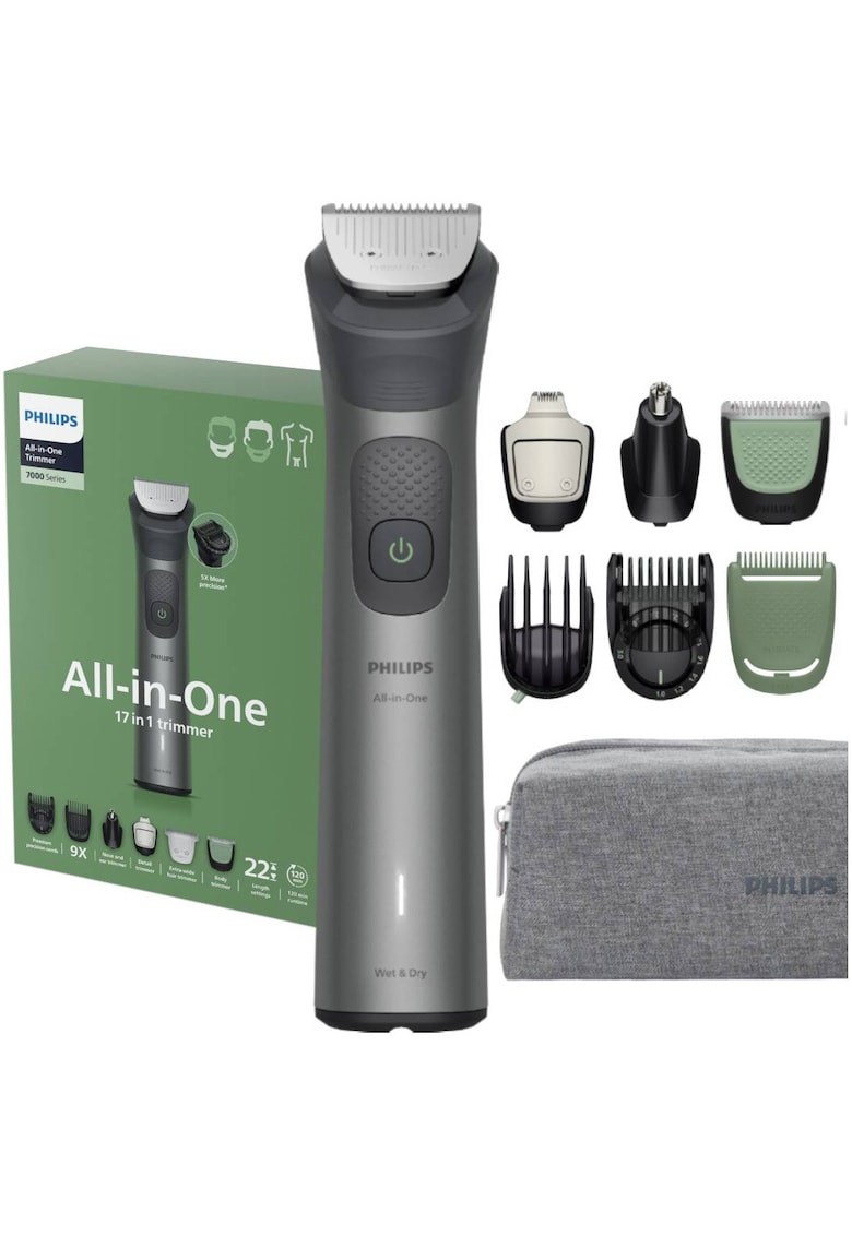 Aparat de tuns barba & parul de pe cap si corp 17in1 All-in-One MG7941/15 - autonomie 120 min - 22 de setari de lungime: 0 -5-16 mm - 3 capete trimmer specializate (detalii - corp - nas) - piepteni pt fata - cap - corp - 100% rezistent la apa
