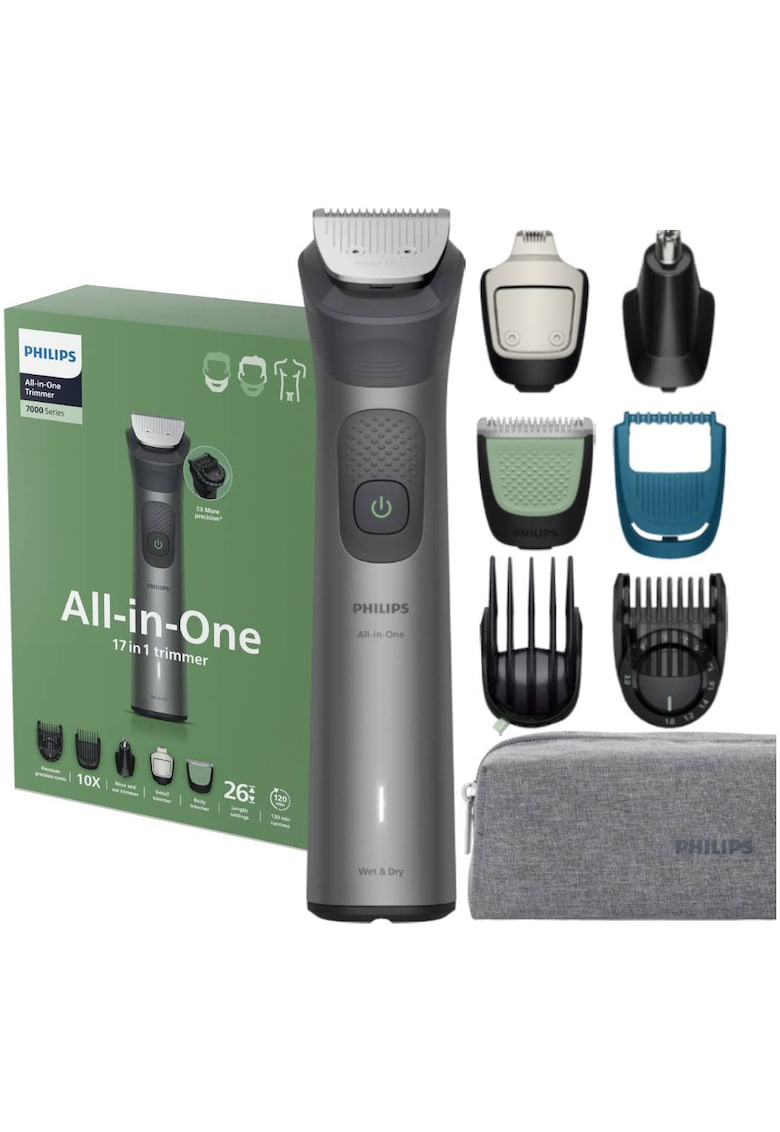 Aparat de tuns barba & parul de pe cap si corp 17in1 All-in-One MG7961/15 - autonomie 120 min - 26 setari de lungime: 0 -5-20 mm - 3 capete trimmer specializate (detalii - corp - nas) - piepteni pt fata - cap - corp - 100% rezistent la apa - husa