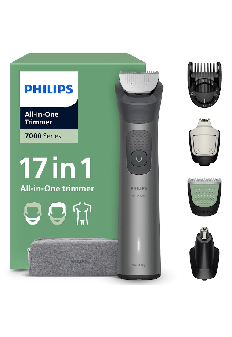 Aparat de tuns barba & parul de pe cap si corp 15in1 Multigroom All in One MG7940/15 - autonomie 120 min - 22 setari de lungime: 0 -5-16 mm All-in-One - 3 capete trimmer specializate (detalii - nas - corp) - husa - 100% waterproof - MG7961/15