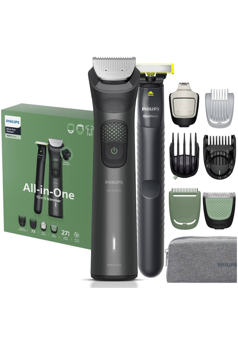 Aparat de tuns barba & parul de pe cap si corp 15in1 All-in-One MG9531/15 +OneBlade - autonomie 120 min - 27 setari de lungime: 0 -2 mm OneBlade & 0 -5-20 mm All-in-One - 2 capete trimmer specializate (detalii - corp) - husa cu fermoar - waterproof