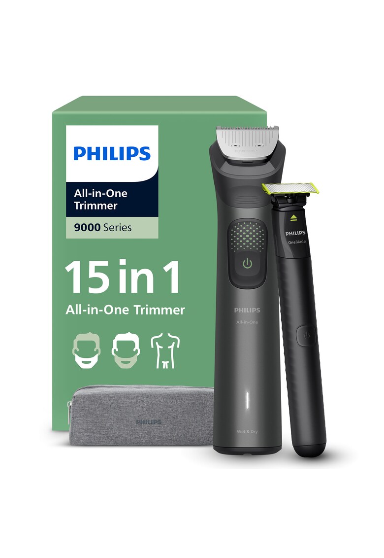 Aparat de tuns barba & parul de pe cap si corp 15in1 All-in-One MG9531/15 +OneBlade - autonomie 120 min - 27 setari de lungime: 0 -2 mm OneBlade & 0 -5-20 mm All-in-One - 2 capete trimmer specializate (detalii - corp) - husa cu fermoar - waterproof - MG