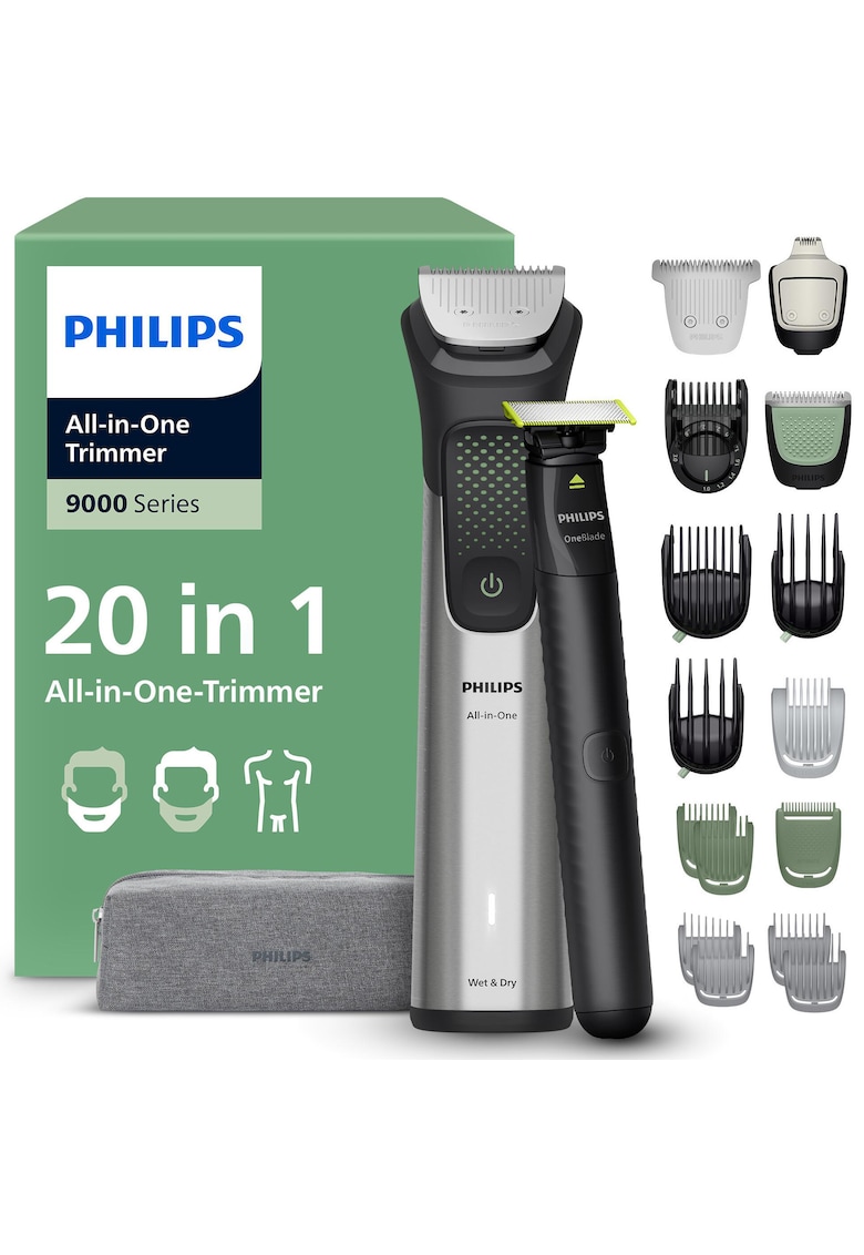 Aparat de tuns barba & parul de pe cap si corp 20in1 All-in-One MG9557/15 +OneBlade - autonomie 120 min - 27 setari lungime: 0 -2 mm OneBlade& 0 -5-20 mm All-in-One - 3 capete trimmer specializate (detalii - nas - corp) - husa cu fermoar - waterproof