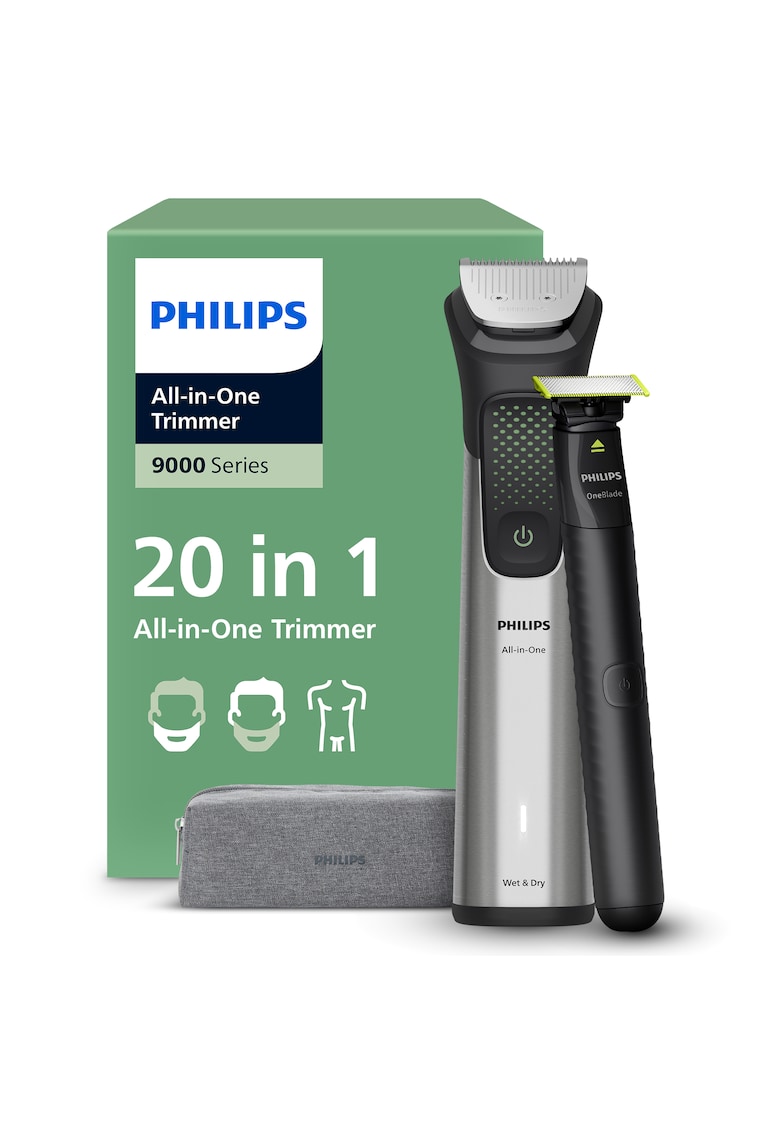Aparat de tuns barba & parul de pe cap si corp 20in1 All-in-One MG9557/15 +OneBlade - autonomie 120 min - 27 setari lungime: 0 -2 mm OneBlade& 0 -5-20 mm All-in-One - 3 capete trimmer specializate (detalii - nas - corp) - husa cu fermoar - waterproof