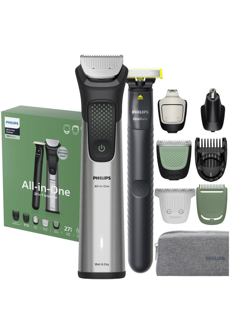Aparat de tuns barba & parul de pe cap si corp 20in1 All-in-One MG9557/15 +OneBlade - autonomie 120 min - 27 setari lungime: 0 -2 mm OneBlade& 0 -5-20 mm All-in-One - 3 capete trimmer specializate (detalii - nas - corp) - husa cu fermoar - waterproof
