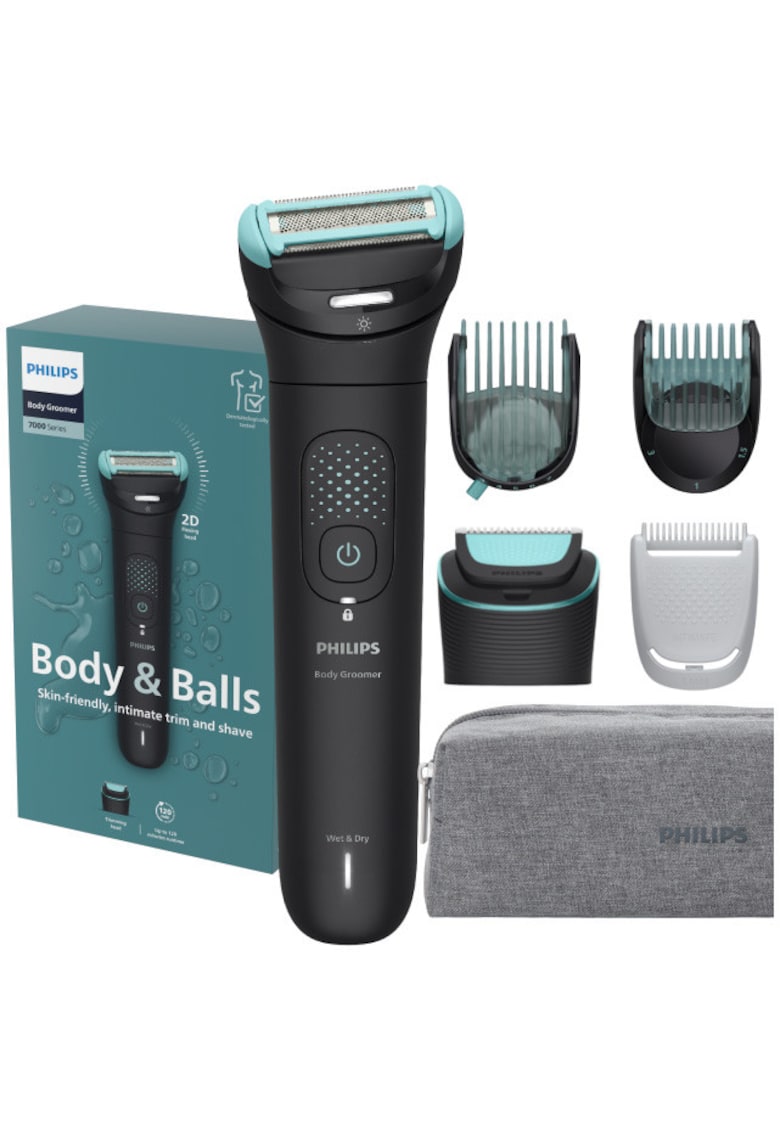 Aparat de ras si tuns corporal cu sita metalica hipoalergenica BG7470/15 - autonomie 120 min - functie incarcare rapida - cap de ras iluminat - cap trimmer aditional - pieptene zone intime - 2 piepteni reglabili (1-7 mm) -husa depozitare cu fermoar