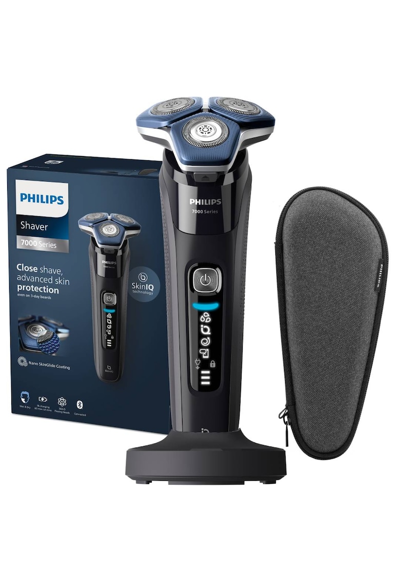 Aparat de barbierit Shaver Seria 7000 - barbierit umed/uscat - tehnologie SkinIQ - capete flexibile 360° - display LED - senzor Motion Control - senzor Power Adapt - lame auto-ascutire - 60 min - suport de incarcare - toc de transport - Negru/Albastru