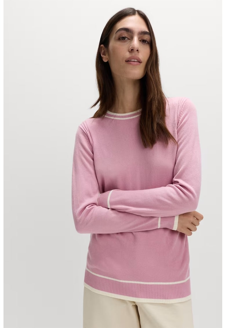 Pulover cu dungi si decolteu la baza gatului - Roz pastel