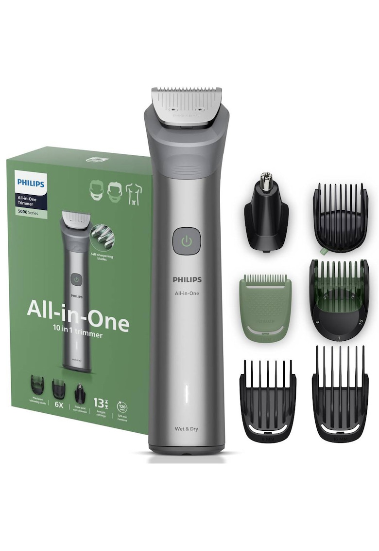 Aparat de tuns barba & parul de pe cap si corp 10in1 All-in-One MG5931/15 - autonomie 120 min - 13 setari de lungime: 0 -5-16 mm - trimmer atasabil pentru nas si urechi - piepteni pt fata - cap - corp - 100% rezistent la apa - husa