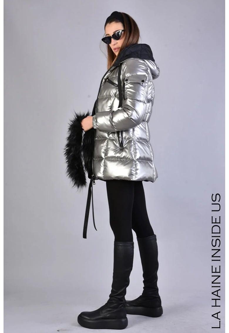 Geacă matlasată cu glugă din blană ecologică