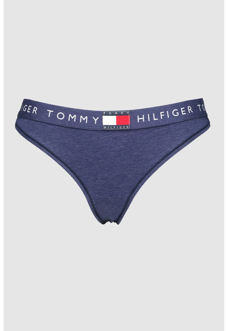 Chiloti tanga cu banda logo in talie - Albastru melange