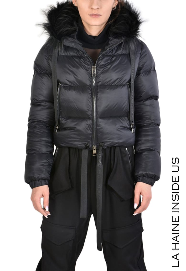 Geacă bomber matlasată cu glugă din blană ecologică