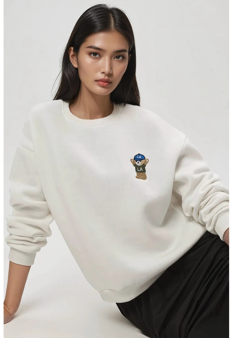 Hanorac dama  din bumbac brodat - alb-galbui - cu maneci lungi - guler rotund