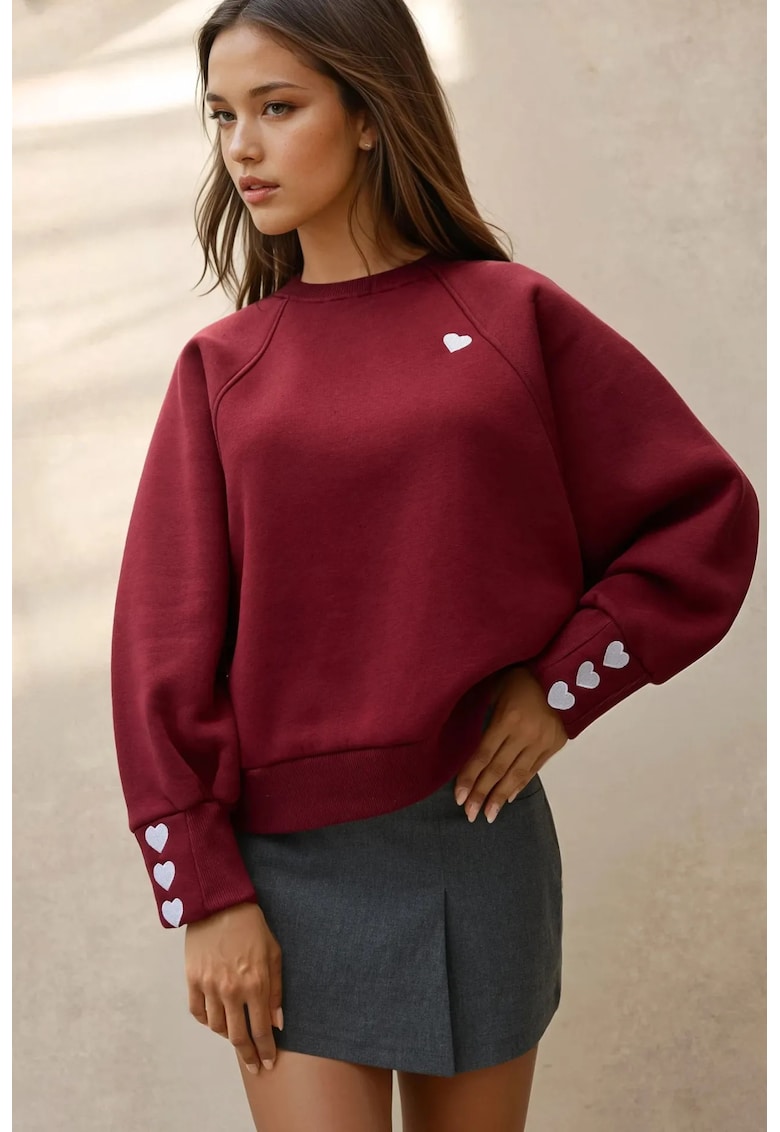 Hanorac dama brodat - visiniu - tricot - croiala lejera