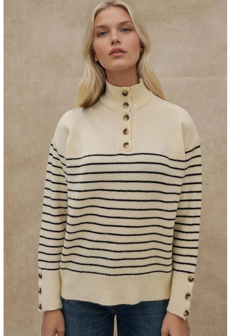 Pulover tricotat - guler cu nasturi - tricot - Bej Natural -