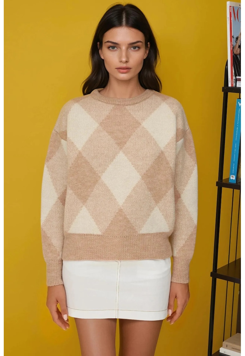 Pulover dama guler rotund - model in romburi - tricot - Roz pal -