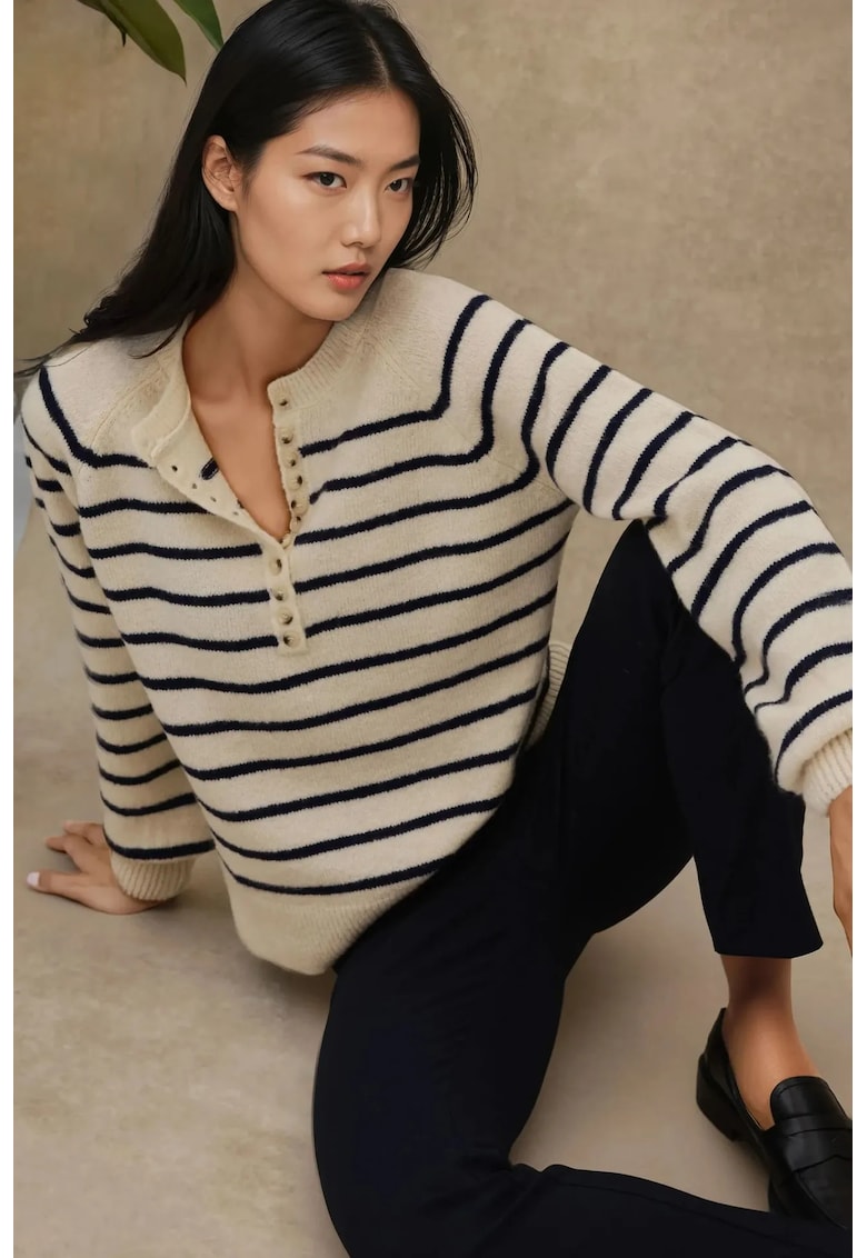 Pulover dama cu guler cu nasturi - dungi - tricot - natural -