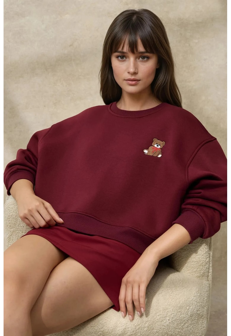 Hanorac dama brodat - croiala lejera - culoare visinie - bumbac