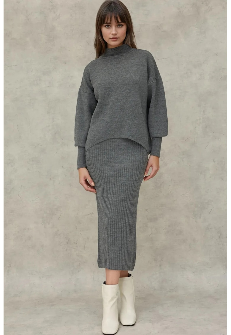Set tricotat pulover cu guler inalt si fusta midi - tricot - Gri -