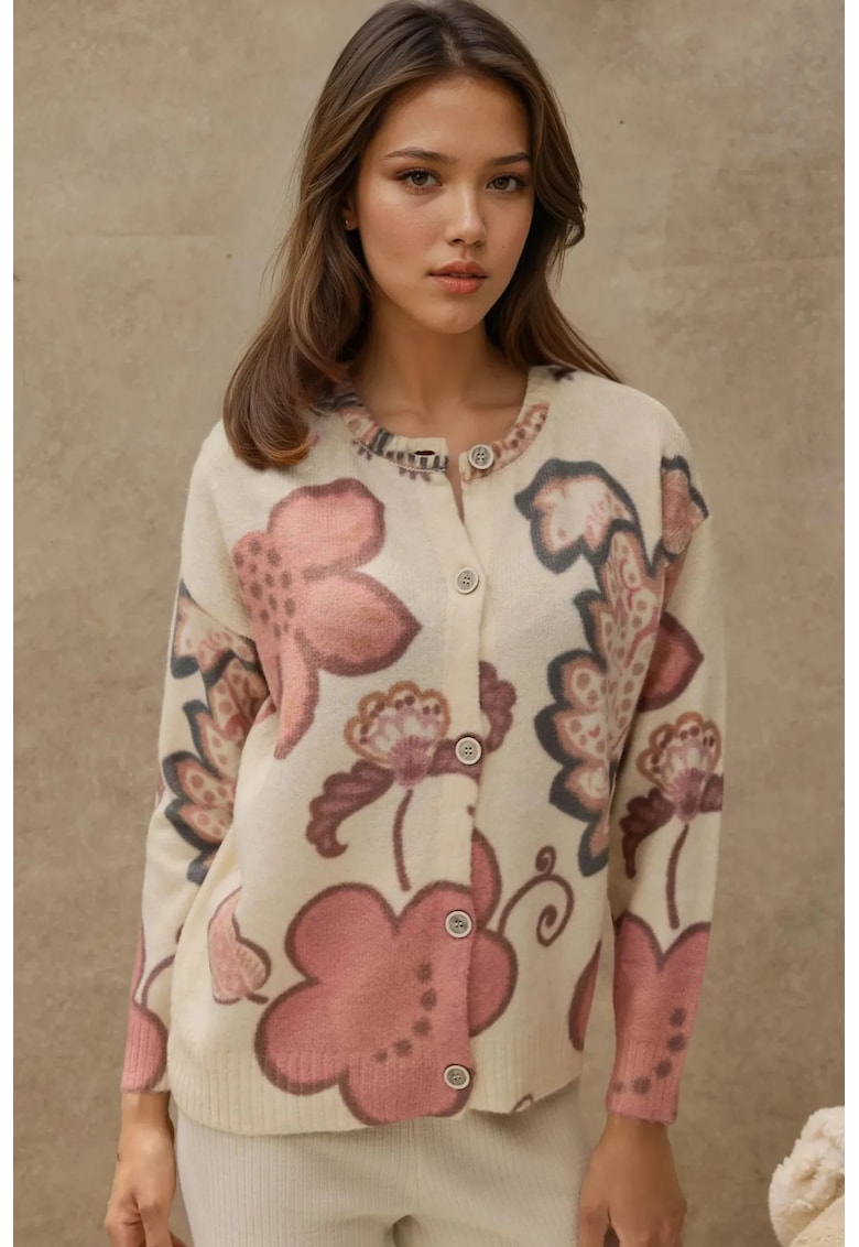 Cardigan -  Jacquard cu Flori - Ecru - tricotat -