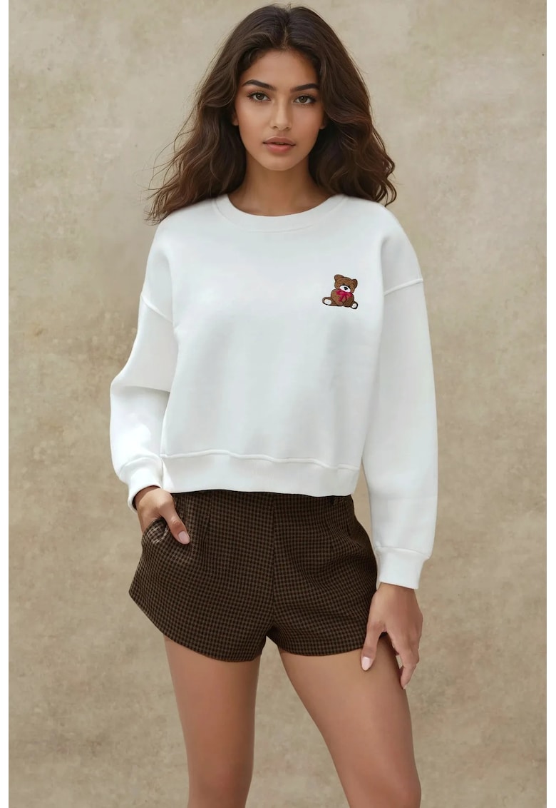 Hanorac dama - brodat - guler rotund - alb-galbui - bumbac