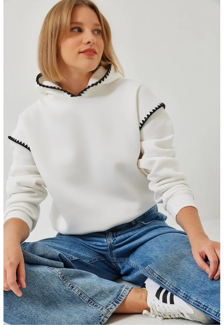 Hanorac dama cu gluga - detalii din dantela - croiala relaxata - bej - bumbac