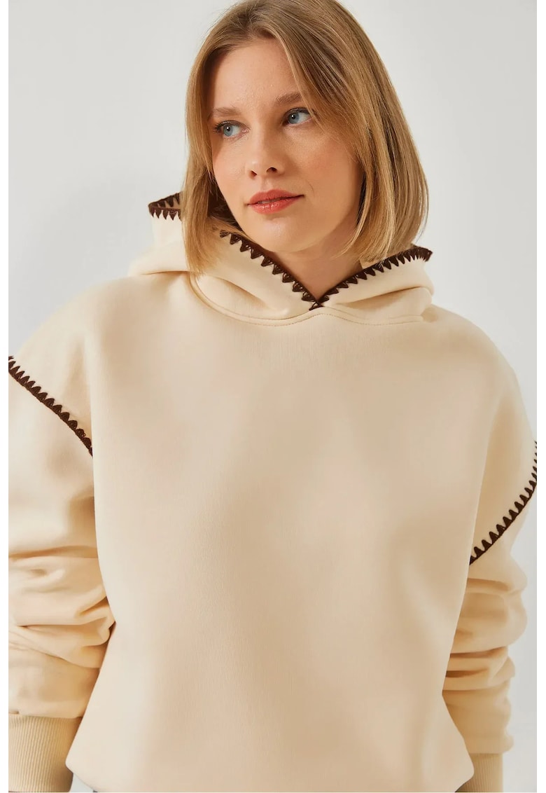 Hanorac de dama cu gluga - detalii din dantela - croiala relaxata - bej - bumbac