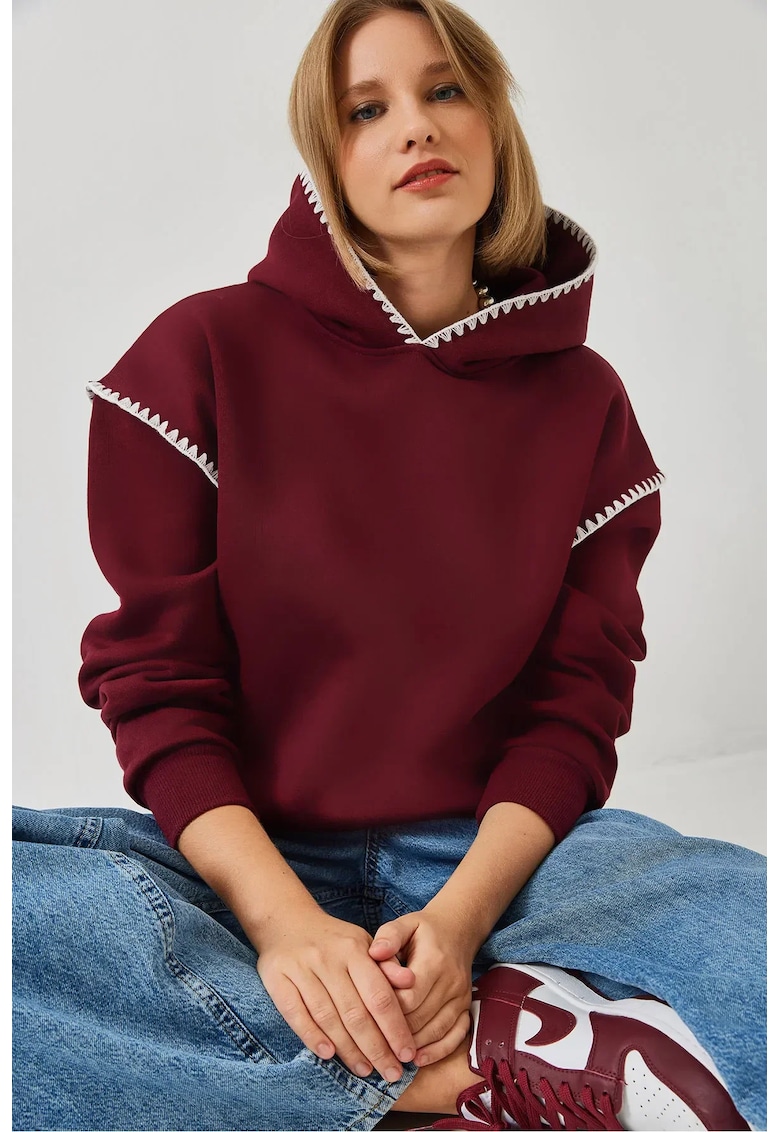 Hanorac cu gluga  detalii din dantela - croiala relaxata - visiniu - bumbac