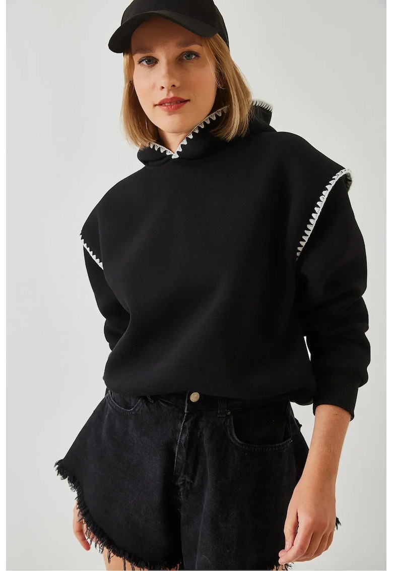 Hanorac dama cu gluga - detalii din dantela - croiala relaxata - negru - bumbac