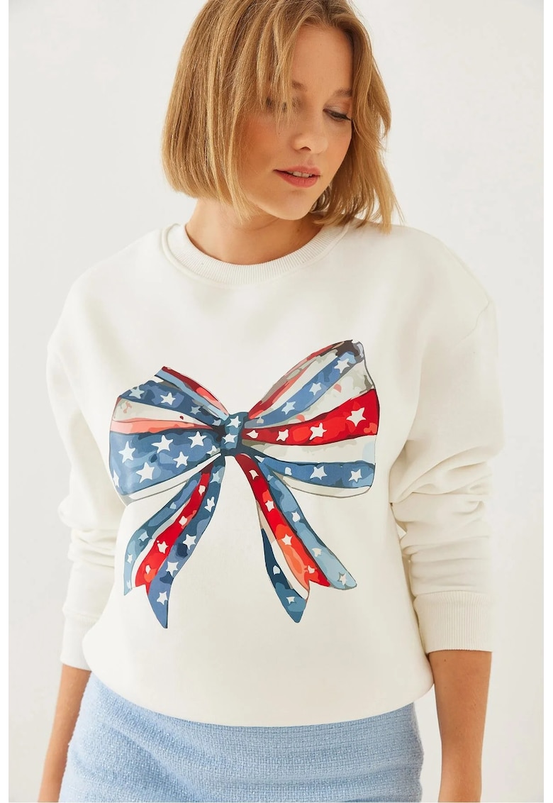 Hanorac dama - guler rotund - imprimeu - bej - bumbac