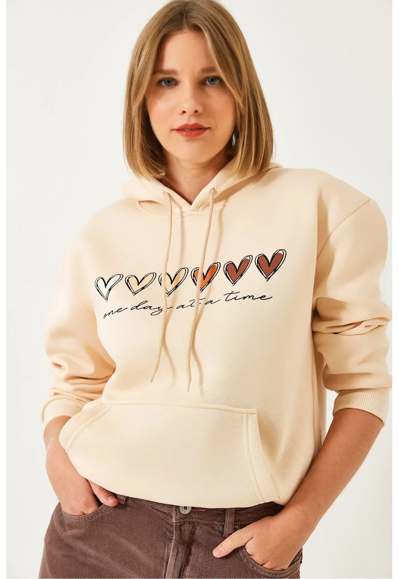 Hanorac dama cu gluga - imprimeu elegant - bej - bumbac