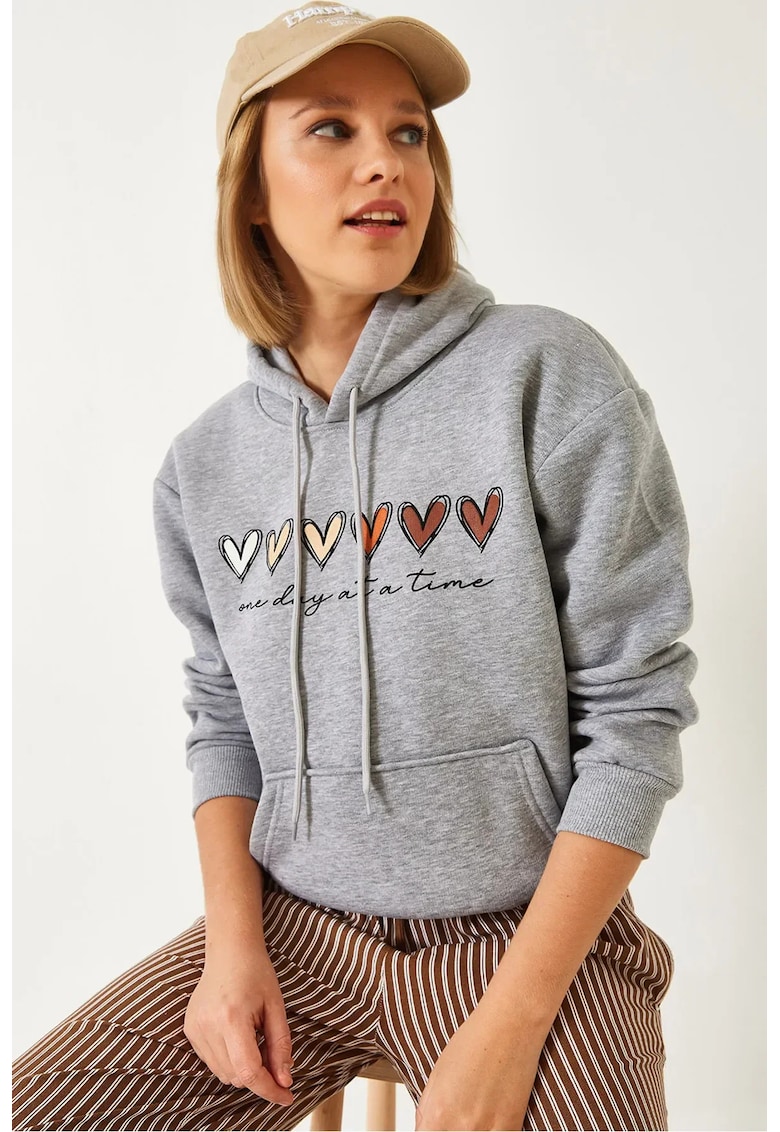 Hanorac dama cu gluga - imprimeu elegant - gri - bumbac