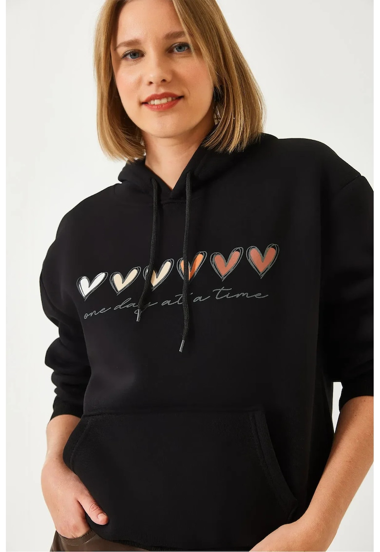 Kapsonlular - Femei - Hanorac cu gluga din bumbac LUCCI Motto cu buzunar - Negru -