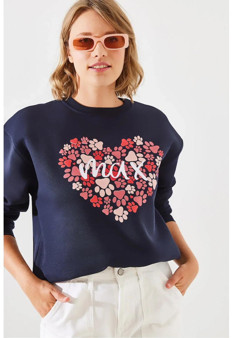 Hanorac dama - guler rotund - bumbac imprimat - bleumarin