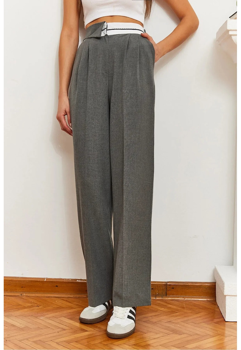 Pantaloni dama - texturati - gri inchis - poliester-viscoza-elastan