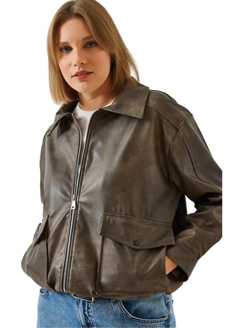 Geaca dama - din piele ecologica - croiala lejera - maro melange