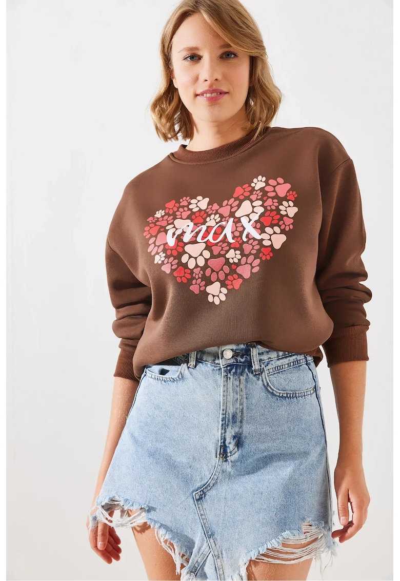 Hanorac dama - guler rotund - bumbac imprimat - maro scortisoara