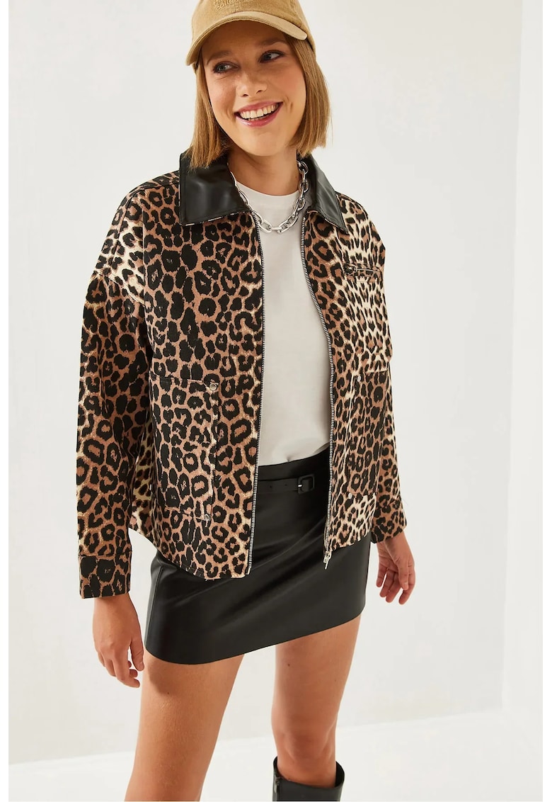 Geaca dama - HiCCUP - piele ecologica - imprimeu leopard - multicolor