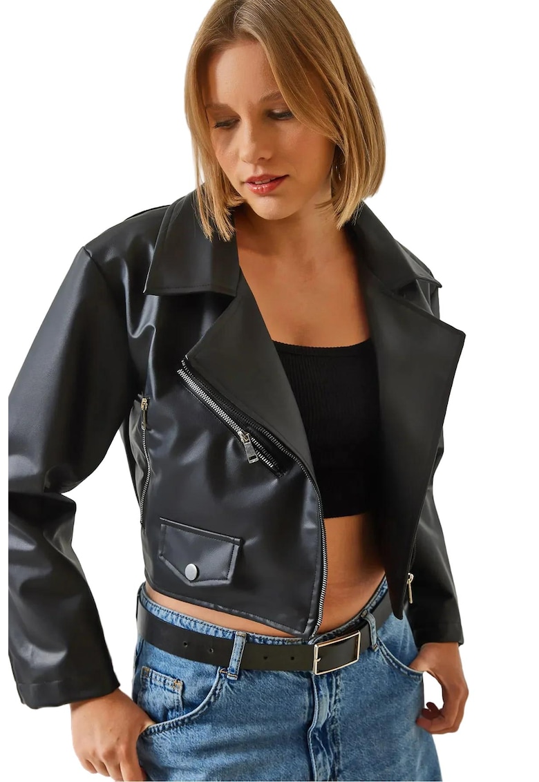 Jacheta scurta  din piele ecologica - negru