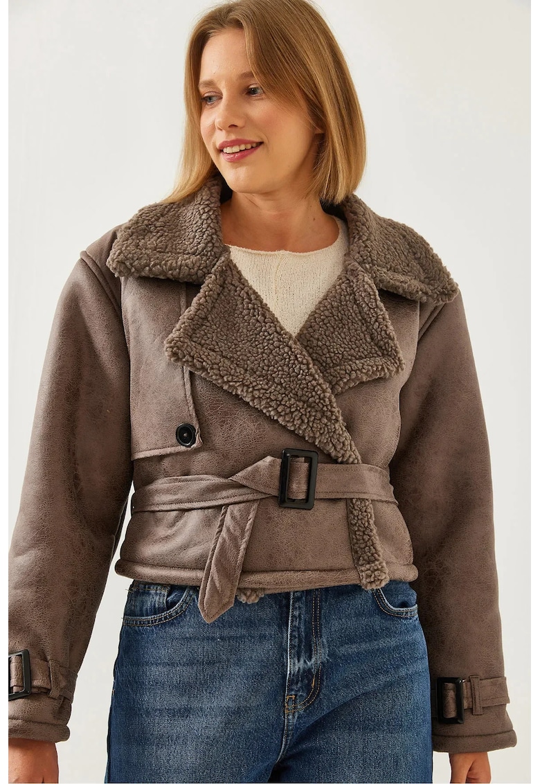 Jacheta scurta dama - piele ecologica - maro melange