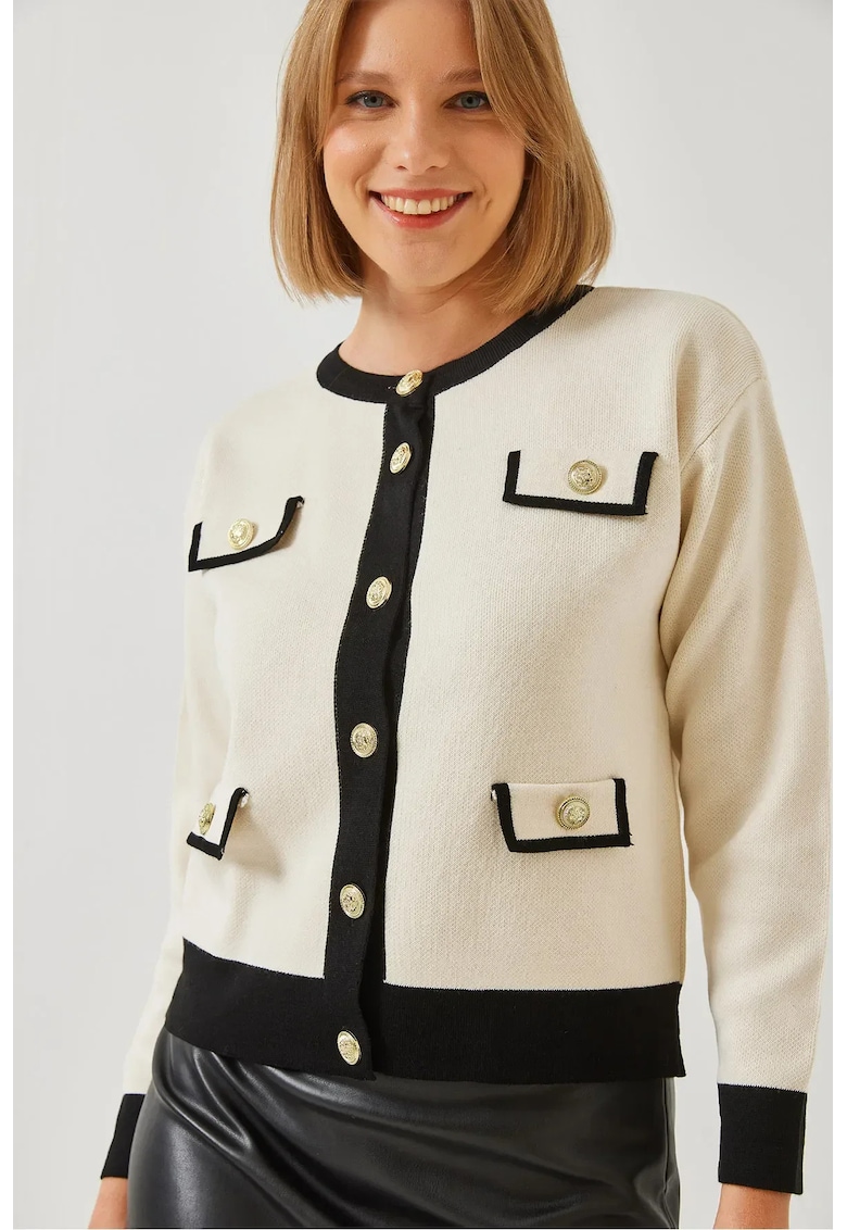 Pulover dama - cardigan acrilic cu guler rotund - bej - tricot -