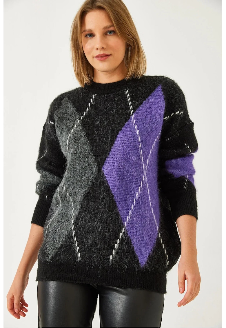 Pulover dama - supradimensionat - detalii nervurate - multicolor - tricot -