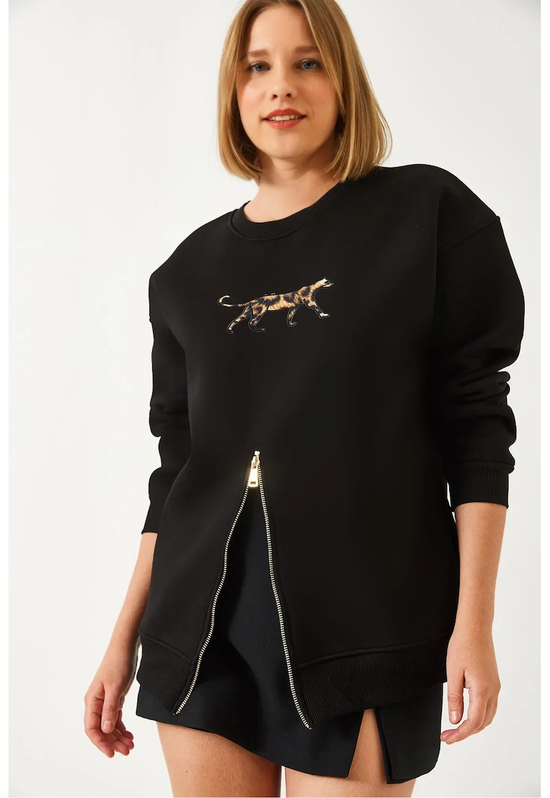 Hanorac dama - cu guler rotund si fermoar - negru - bumbac